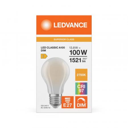 Ledvance E27 LED Lampe Classic dimmbar matt 13,8W wie 100W 2700K warmweißes Licht CRI97 sehr hohe Farbwiedergabe